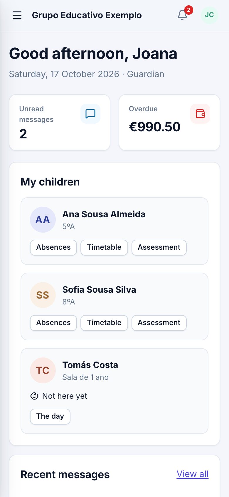 A parent's home page on a phone.
