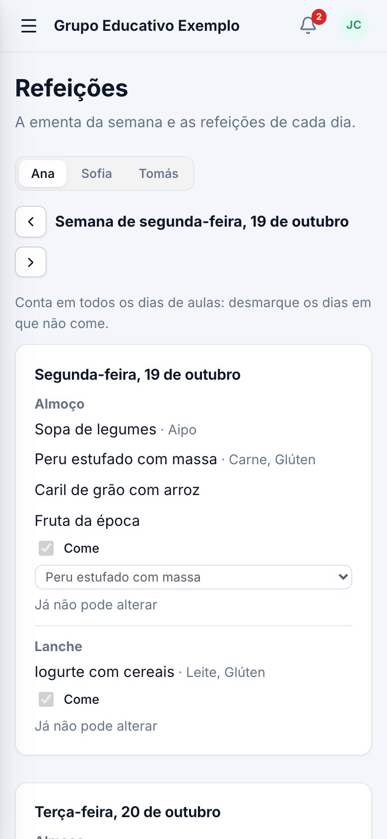 As refeições da semana.